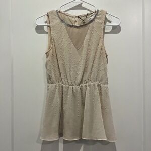 BKE Boutique Cream Pearl Embellished Peplum Top Sleeveless Open Back XS